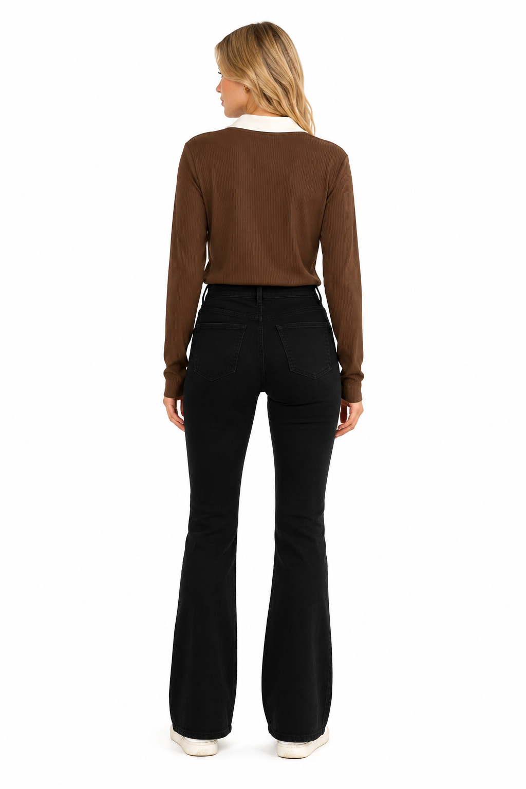 Women's Everyday Black Ribbed Polo Collar Top