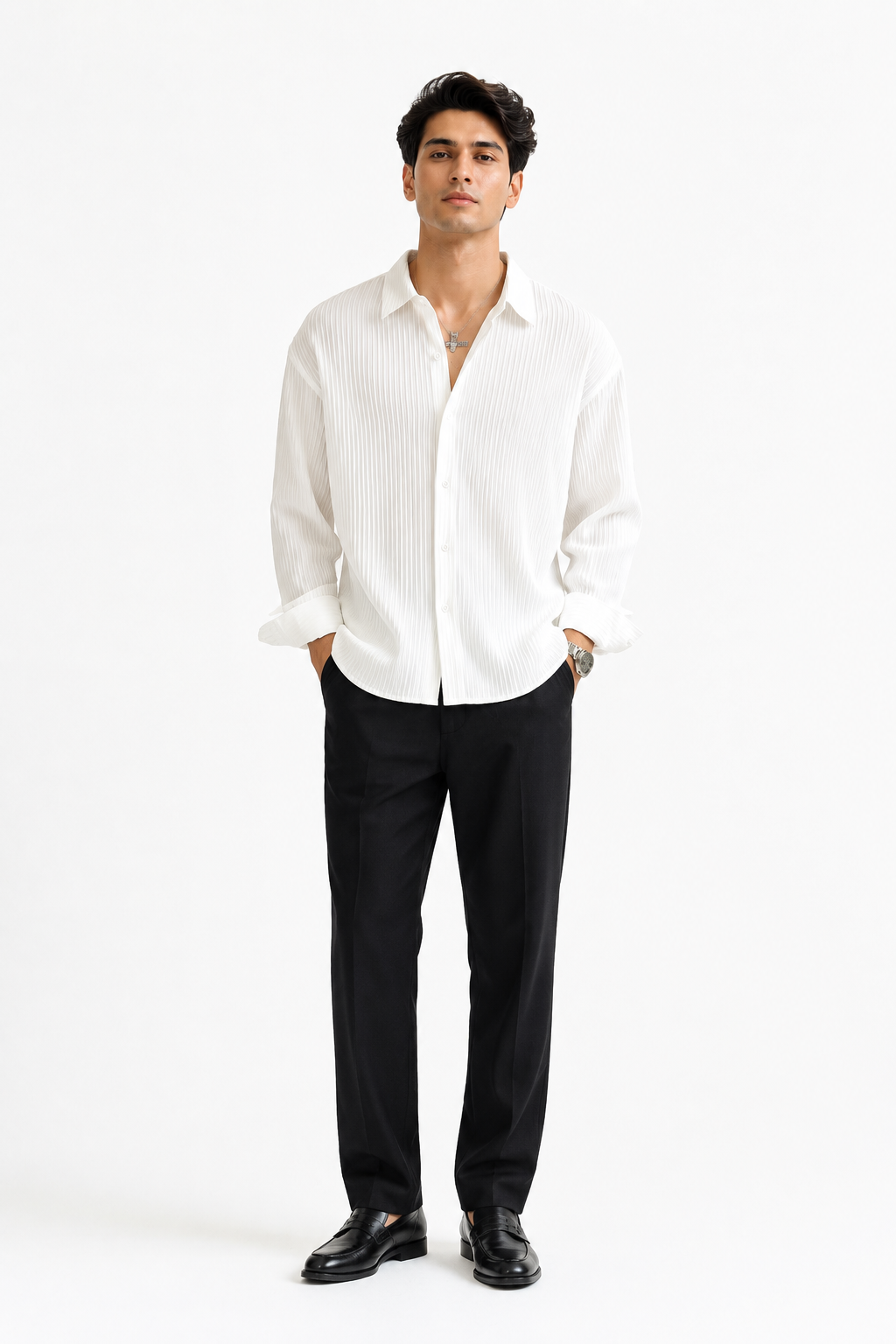 Men's White Textured Cotton Blend Shirt