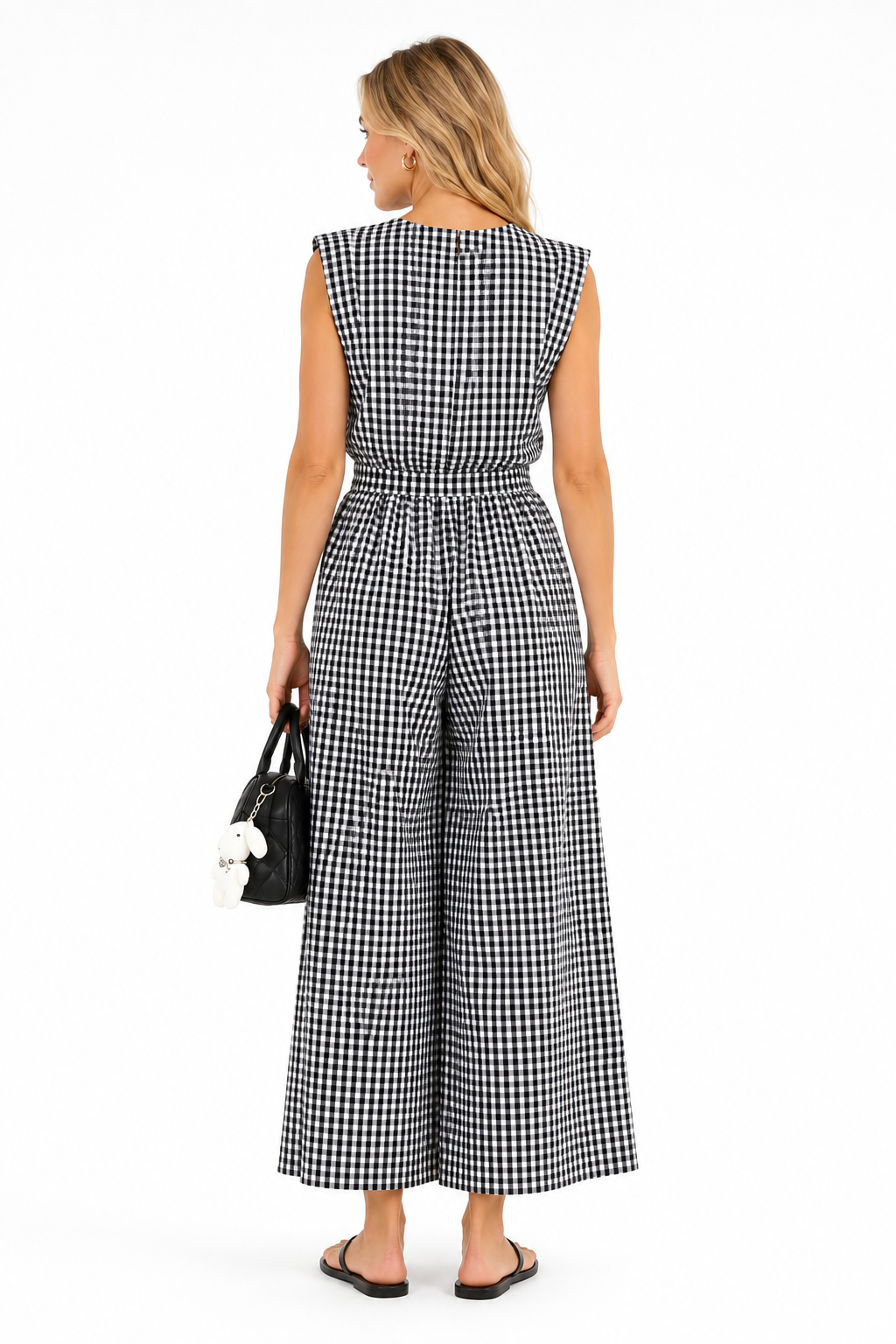 Women's Black Checked Cotton Maxi Jumpsuit