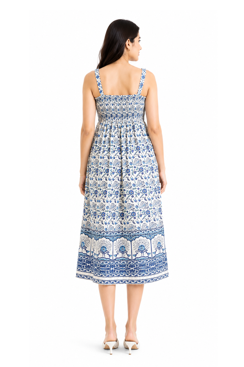 Women's Blue Cotton Ethnic Print Fit & Flare Dress