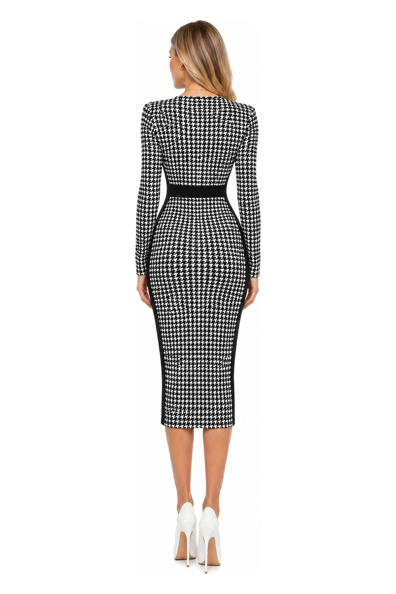 Women's Houndstooth Square Neck Bodycon Midi Dress