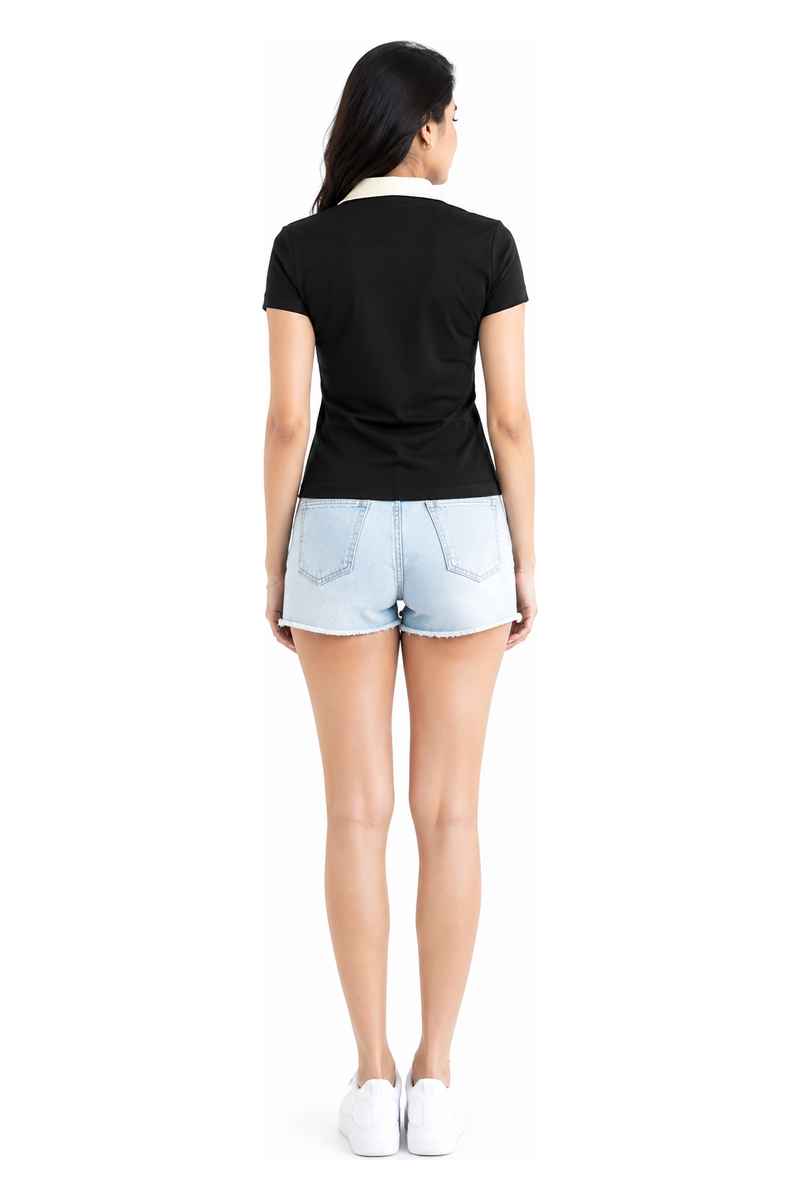 Women's Black Cotton Polo Neck Printed T-Shirt
