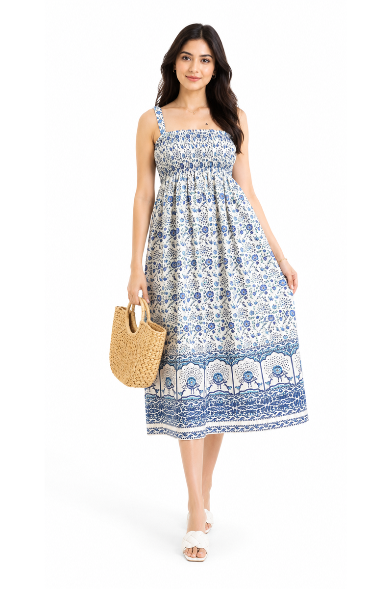 Women's Blue Cotton Ethnic Print Fit & Flare Dress